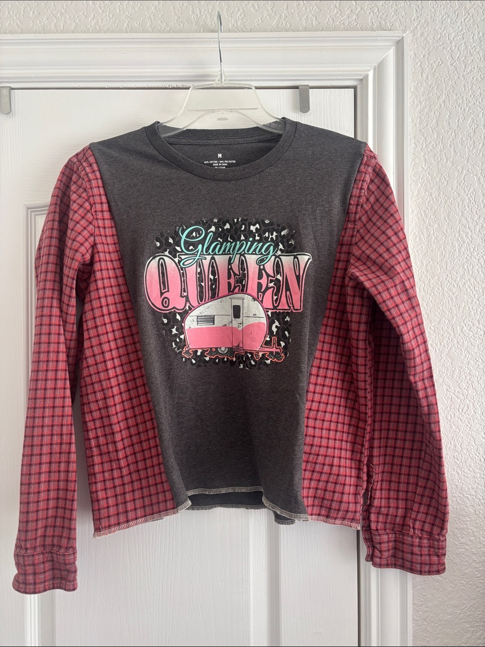 Upcycled Glamping Queen Graphic Women’s Long Sleeve flannel Top - Pink & Charcoa